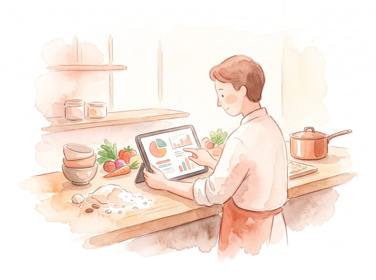 厨房でタブレットを使う様子の水彩イラスト