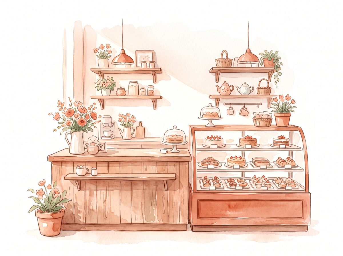 あたたかい洋菓子店の店内の水彩イラスト