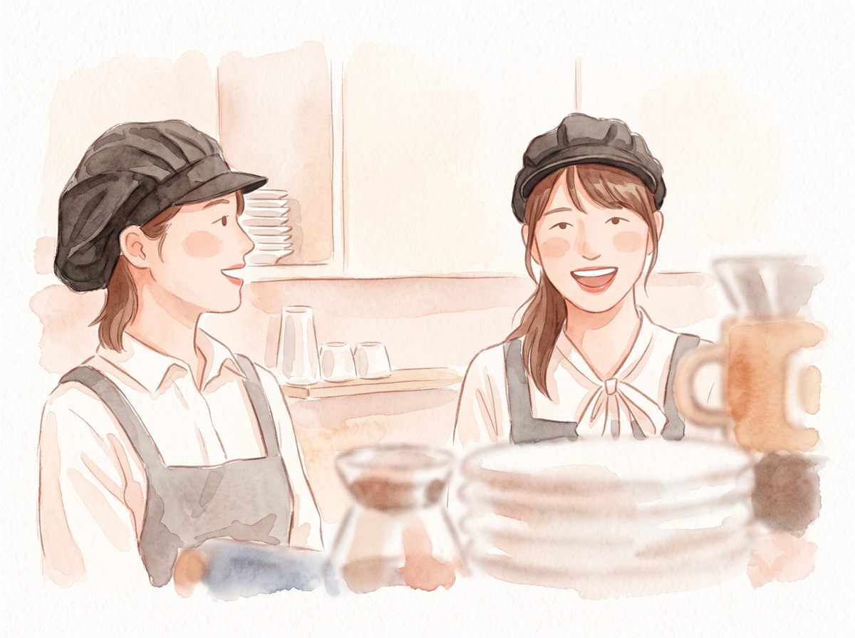 ショクワで働く様子の水彩イラスト